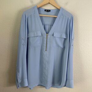 Express Womens XL Light Blue V Neck Blouse Roll Tab Sleeve Shirt Top Zip Front